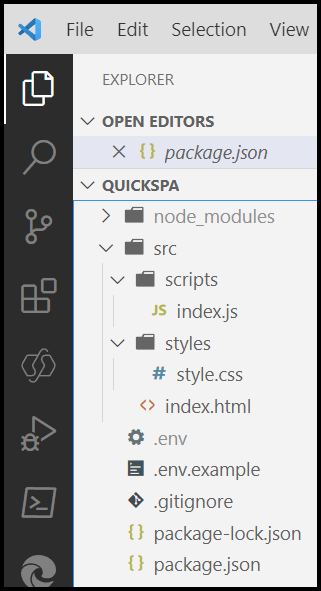 Screenshot of the quickspa project in Visual Studio Code after files are added.