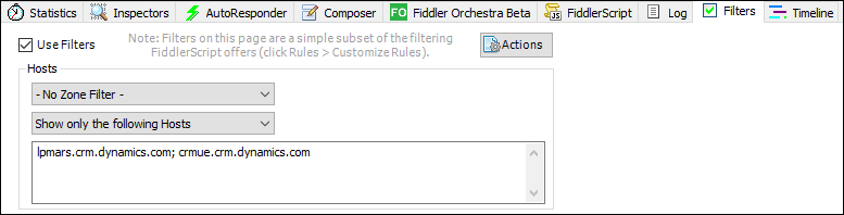 Screenshot of Fiddler host filters configured to display traffic from selected domains.