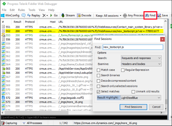 Screenshot of the Fiddler Find Sessions dialog used to locate a JavaScript web resource.