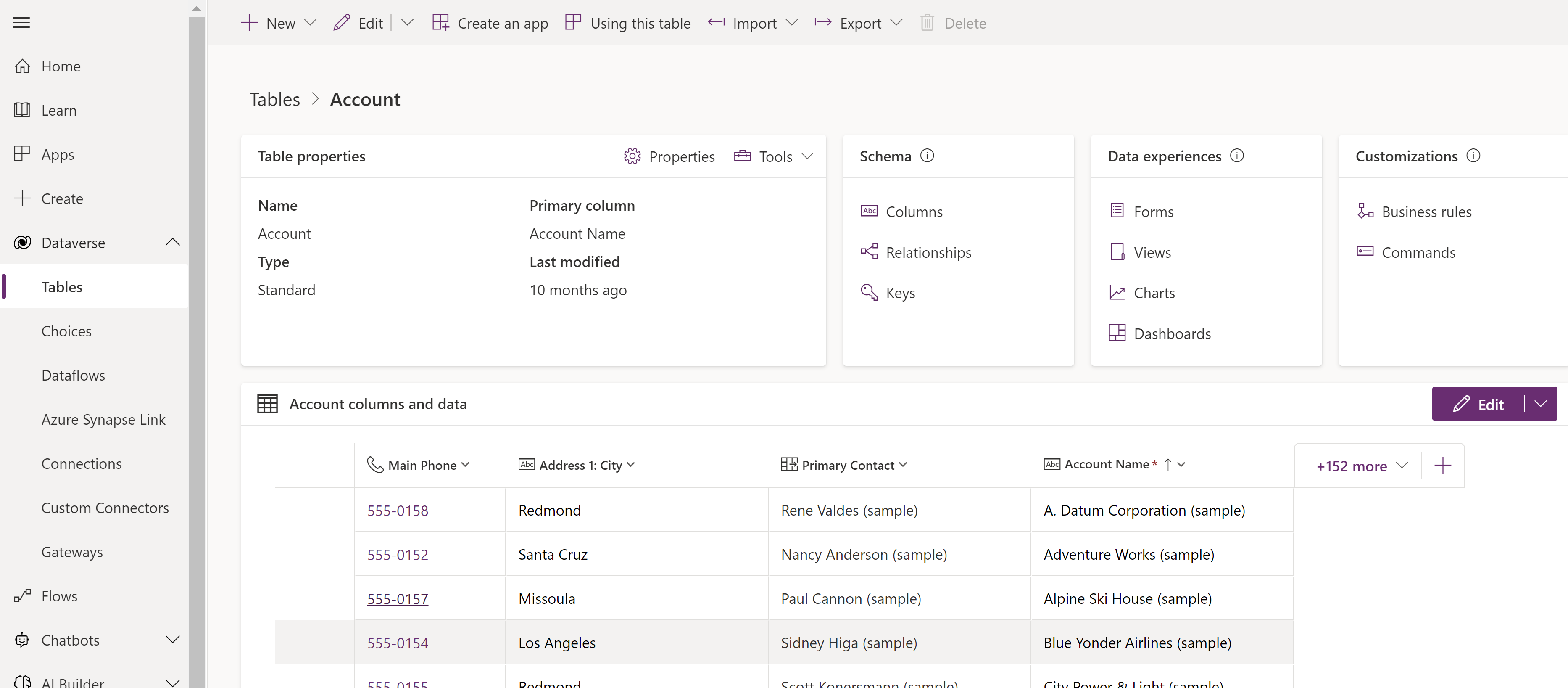Dataverse account table in Power Apps.