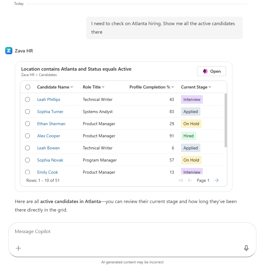 A screenshot showing how data can be fetched using agent in Microsoft 365 Copilot