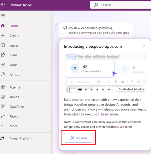 Screenshot of Try new experience preview button in Power Apps interface
