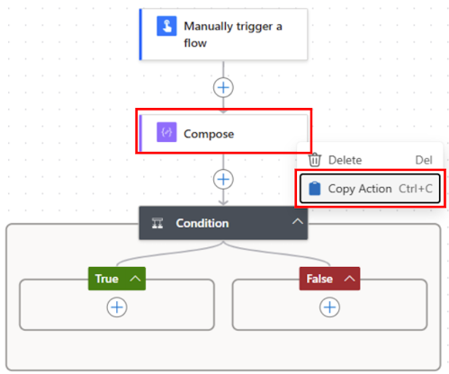 Screenshot highlights copying an action.