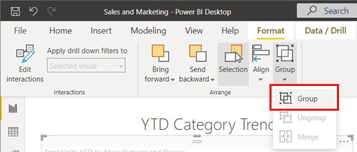 Screenshot of selecting two or more items to group in Power BI Desktop.