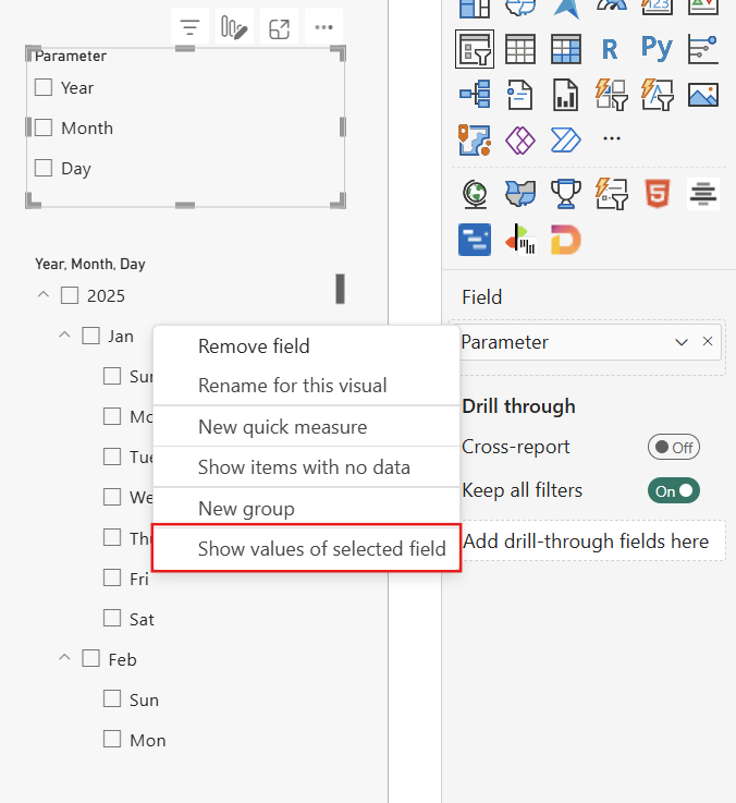 Screenshot of the right-click context menu on a field parameter in the Build pane with the Show values of the selected field option highlighted.