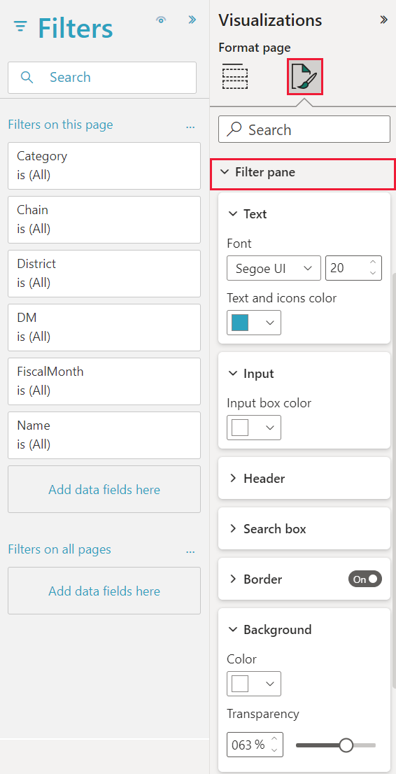 Screenshot of the Visualizations pane showing the Filter pane dropdown menu.