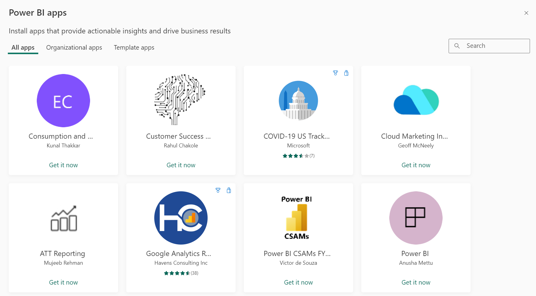 Screenshot of the apps marketplace in Power BI.
