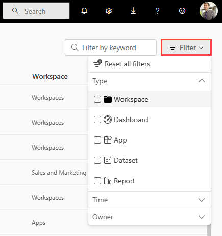 Screenshot of the filter options on a Recent content list.