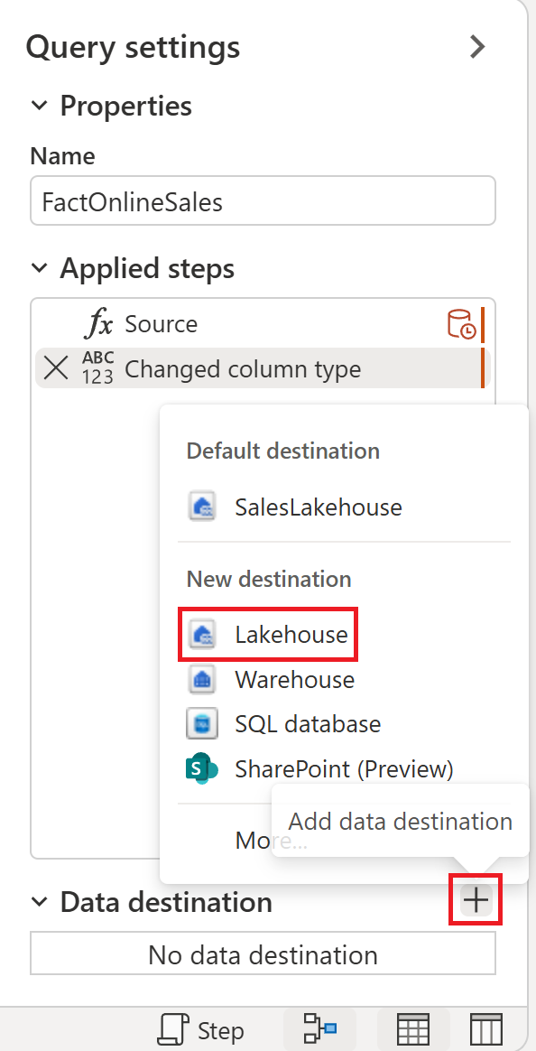 Screenshot of adding a Lakehouse as the data destination.