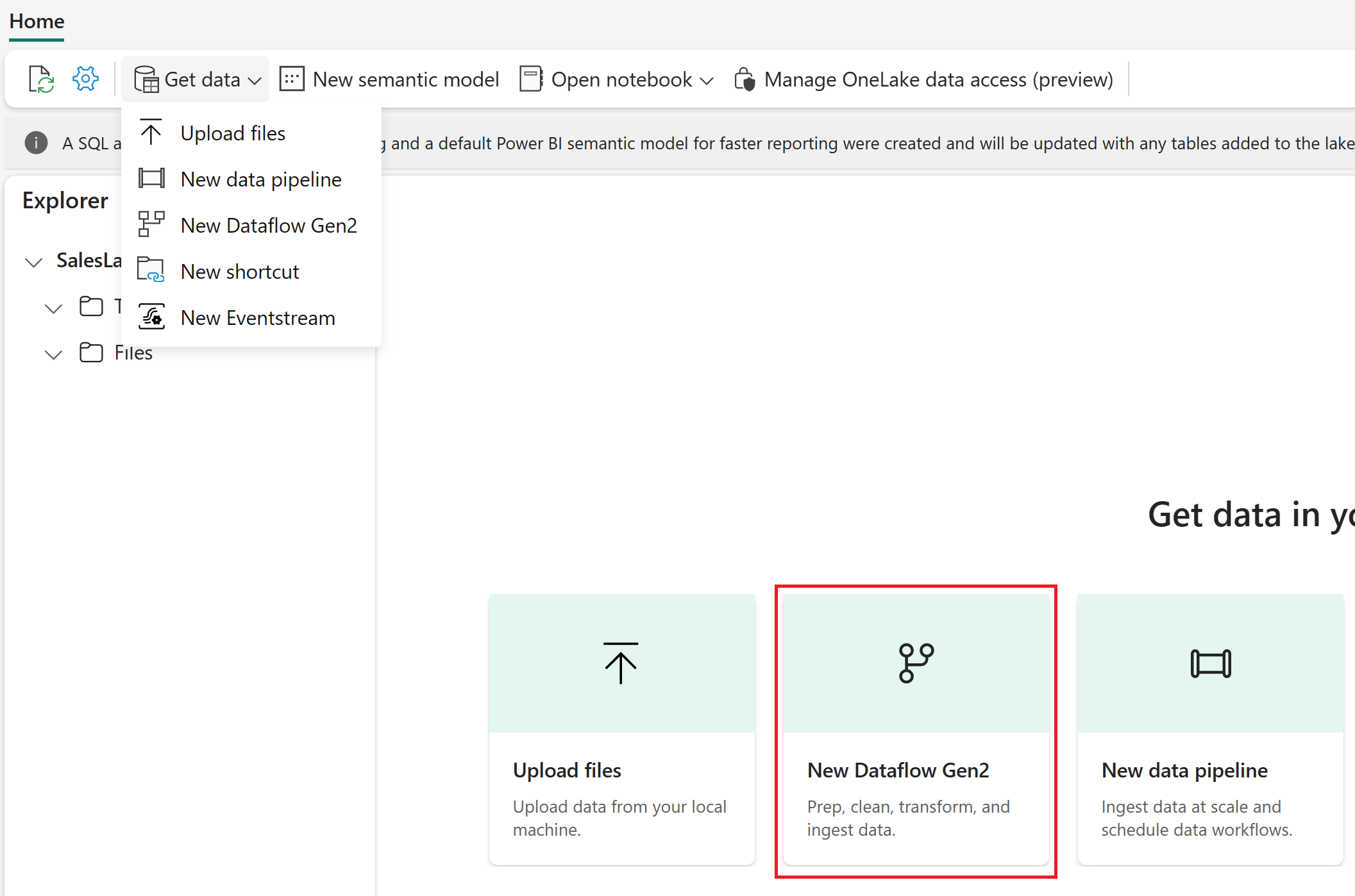 Screenshot showing the Get data dropdown with New Dataflow Gen2 highlighted.