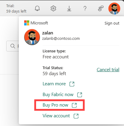 Screenshot of the Power BI Account manager menu with the Buy Pro now option outlined in red, showing the in-product purchase path.