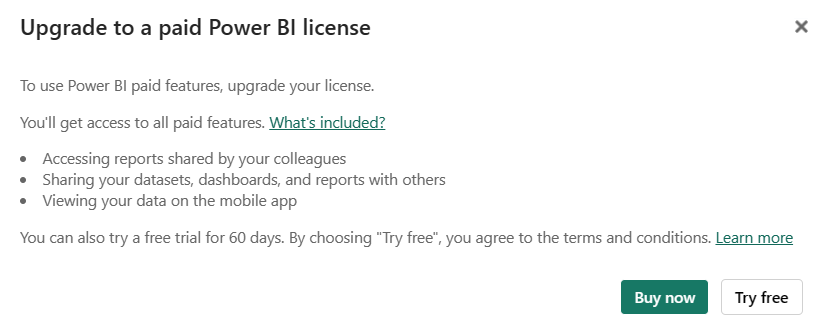 Screenshot of a Power BI dialog box prompting the user to upgrade from a Fabric Free license to a paid Power BI Pro or Premium license.