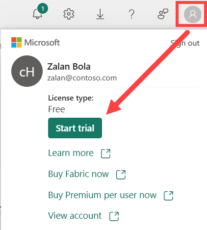 Screenshot of the Power BI Account manager panel with the Start trial button highlighted to begin a Fabric capacity trial.