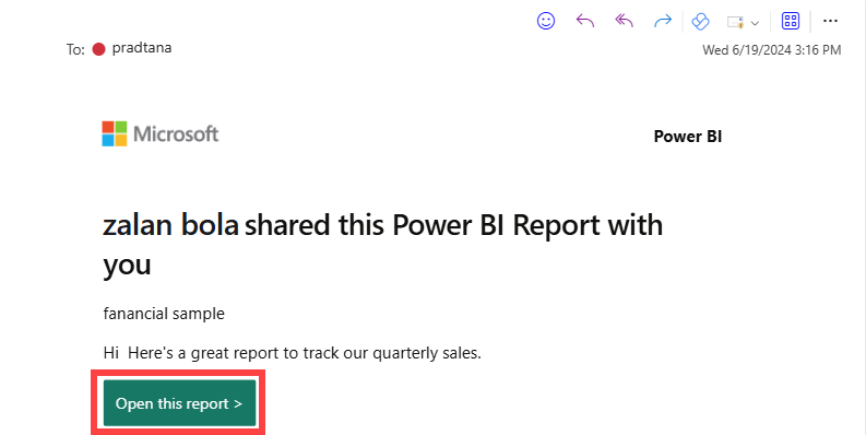 Screenshot of an email containing a shared Power BI dashboard or report link that initiates the sign-up process.