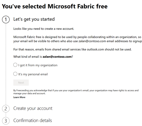 Screenshot of the Power BI sign-up screen shown when no existing account is detected, prompting the user to create a new account or tenant.