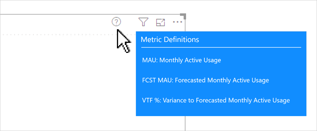 Screenshot shows a report user hovering their cursor over the visual header icon (question mark icon). A richly formatted tooltip appears.