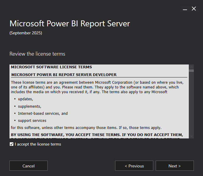 Screenshot of the Review the license terms page in the Power BI Report Server installer, with the checkbox for accepting the terms selected.