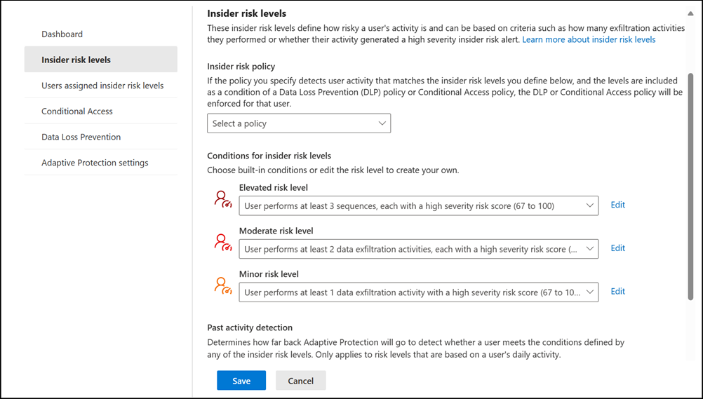 Screenshot of the Adaptive Protection insider risk levels settings page showing Elevated, Moderate, and Minor risk level definitions and their built-in conditions.
