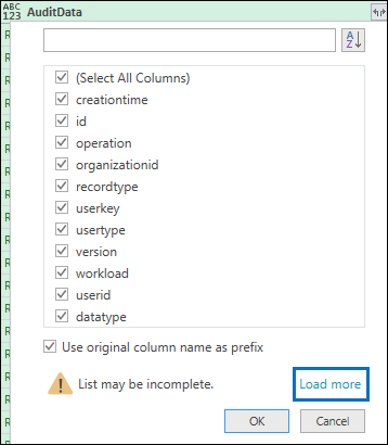 Screenshot of the expanded JSON properties list in the AuditData column with the Load more option to display all properties.