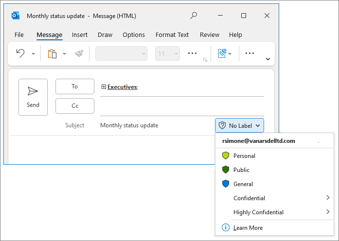 Screenshot of sensitivity labels on the Outlook Subject line.