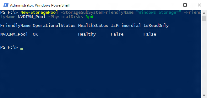 New-StoragePool Screenshot of a Windows Powershell window showing the output of the New-StoragePool cmdlet.