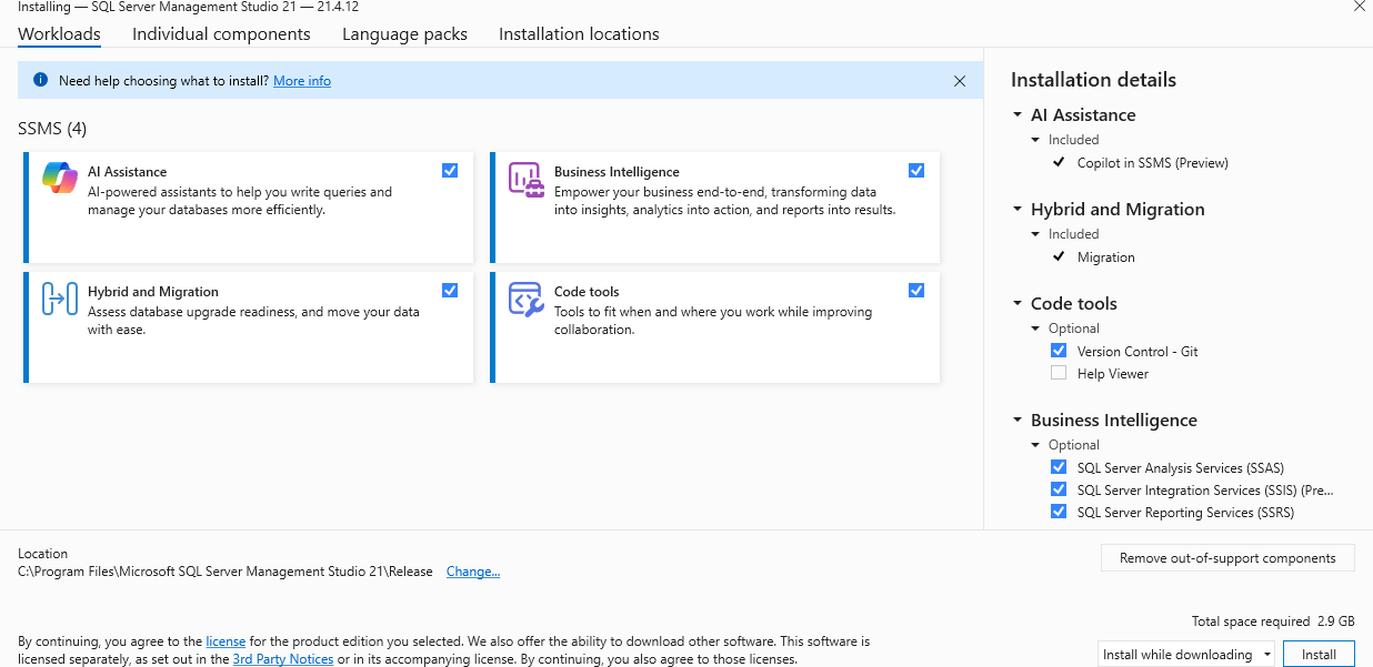 Screenshot of the Visual Studio Installer window, showing workload selection.