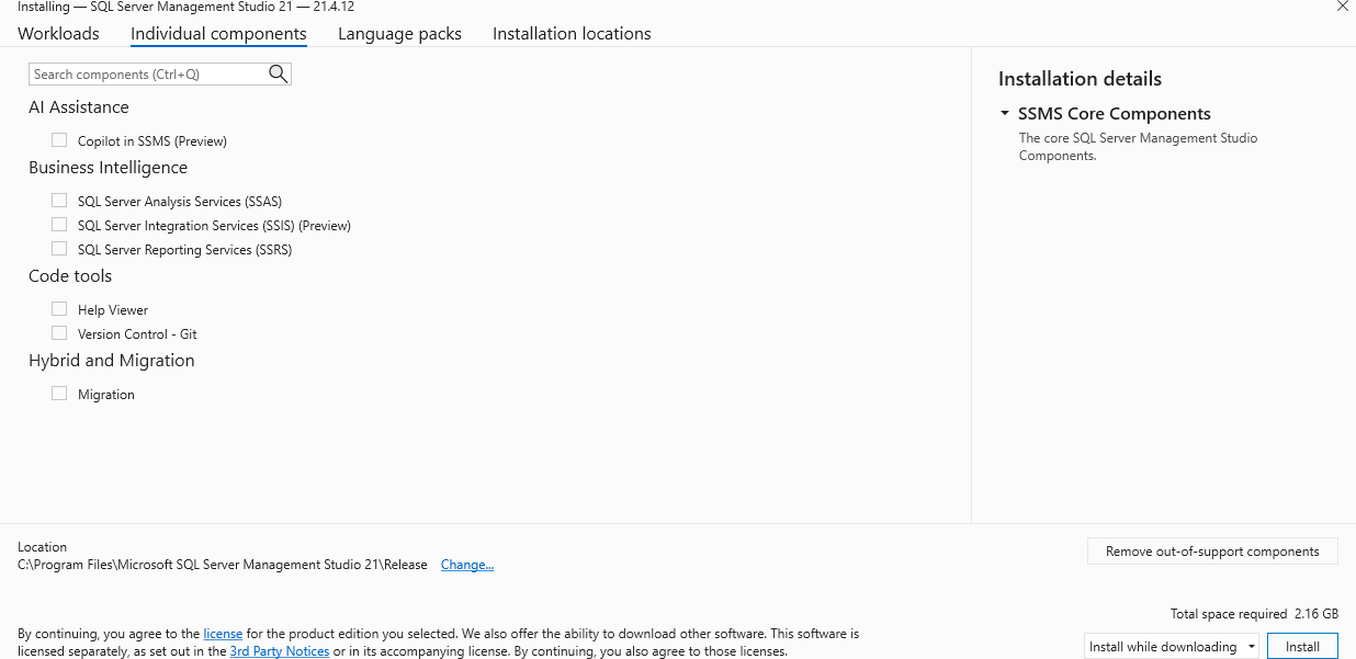 Screenshot of the Visual Studio Installer window, showing component selection.