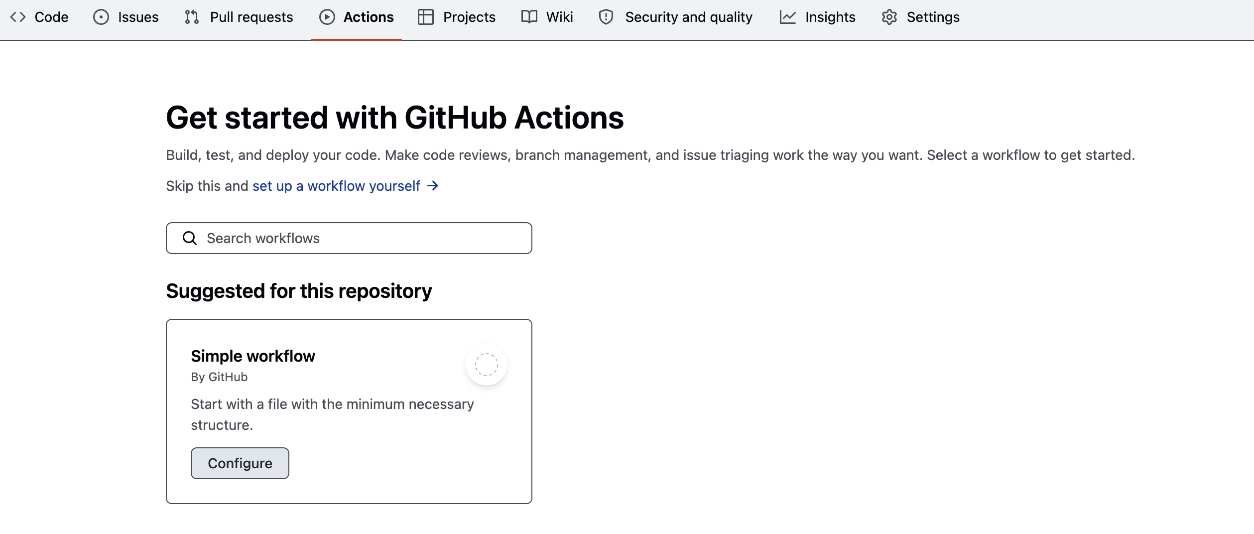 Screenshot of the *Actions tab* in GitHub Actions displaying a simple workflow and a button to set up this workflow.