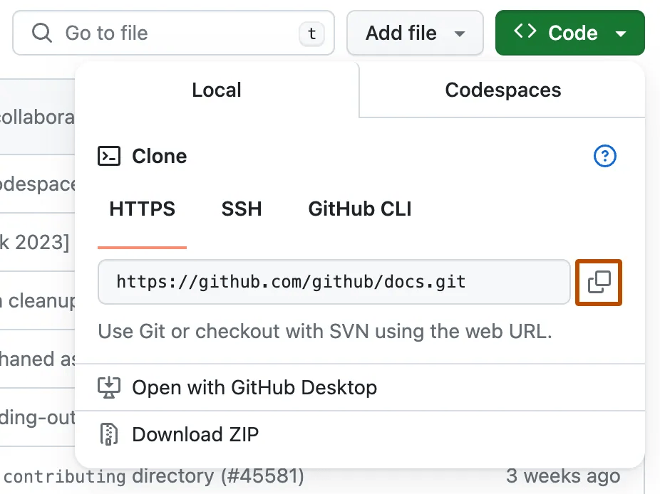 Screenshot of the Code button dropdown menu with clone options.