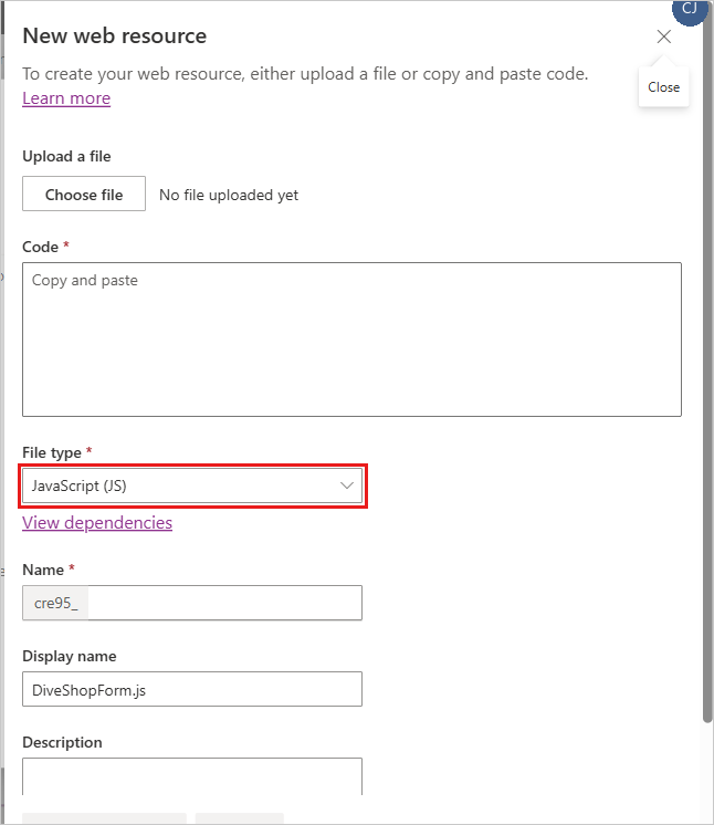 Screenshot showing the add web resource dialog with Type of Script selected.