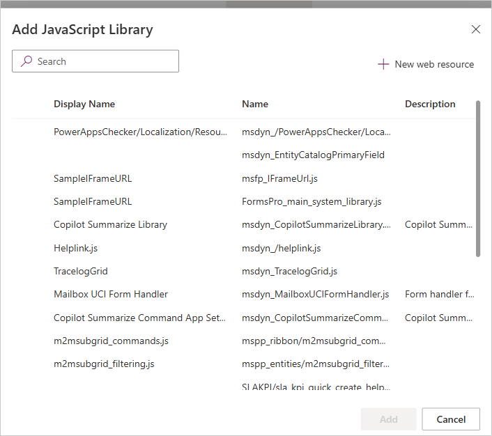 Screenshot of the add library dialog showing you can either associate an existing uploaded script web resource or create a new one.