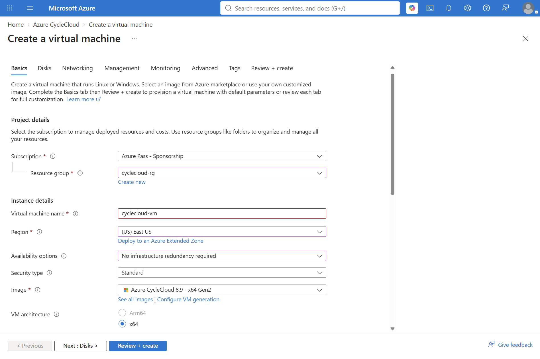 Screenshot showing the upper section of the Basics tab of Create a virtual machine section in the Azure portal.