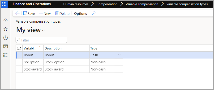Screenshot of the Variable compensation types in Human Resources.
