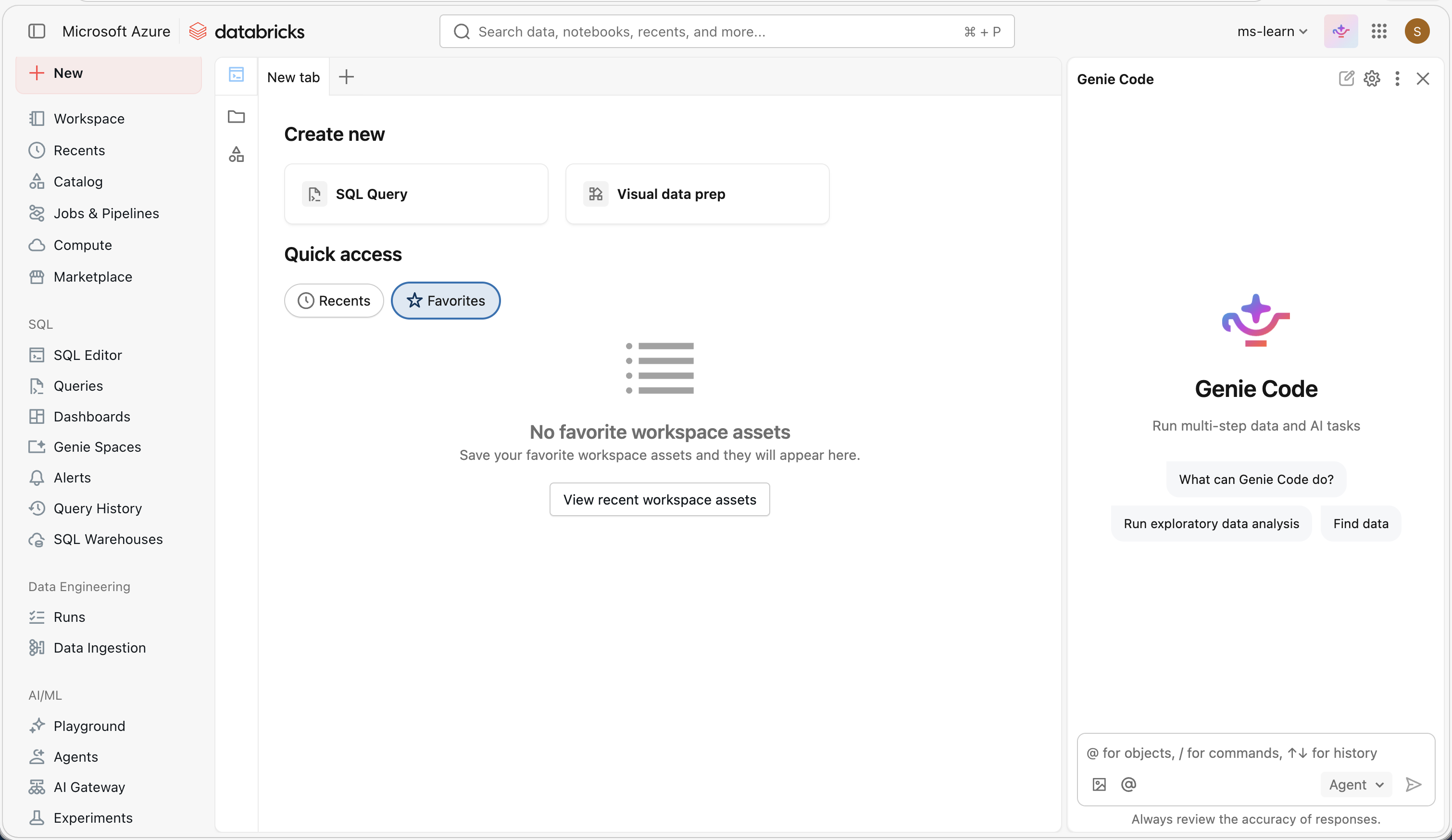 Screenshot of Genie Code in Azure Databricks.