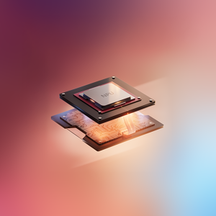 An illustration of an NPU chip set against an illuminated gradient background.