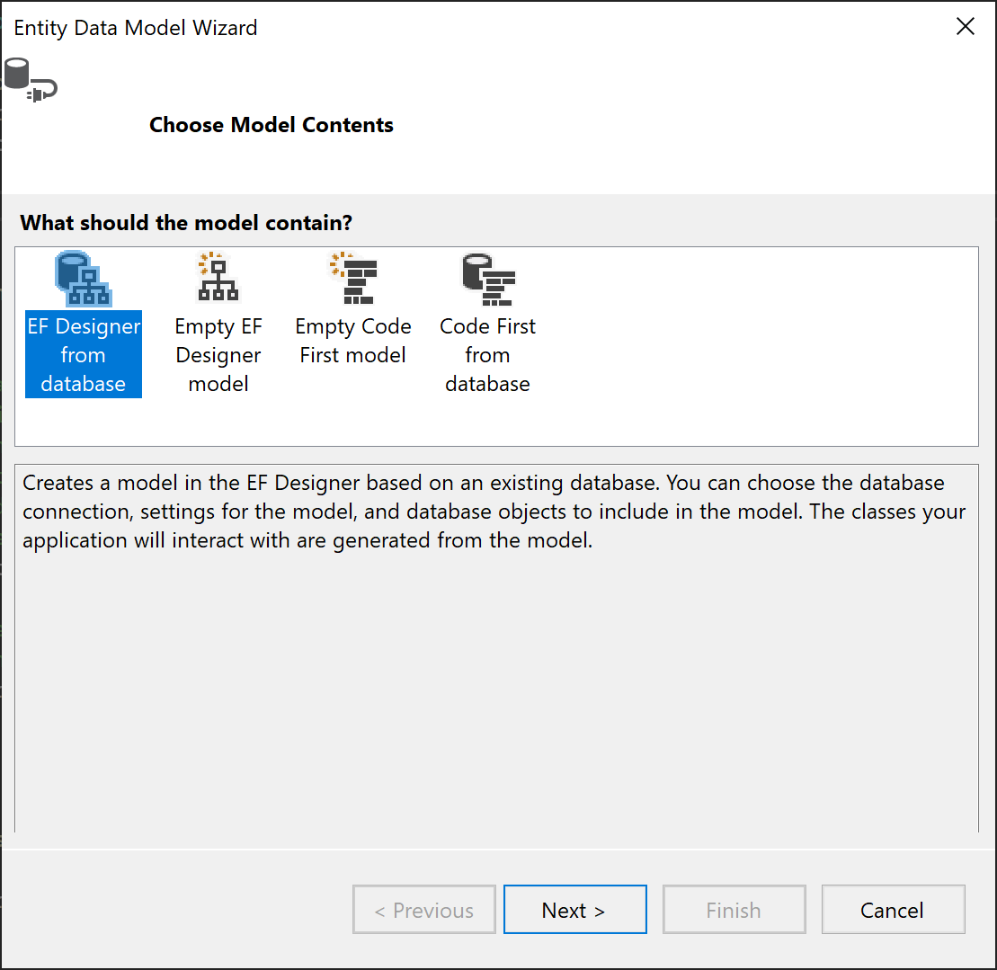 Screenshot that shows the EF Designer from database selected in the Entity Data Model Wizard.