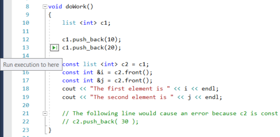 Screenshot that shows how to work with the Run to click action in the Visual Studio 2022 debugger.