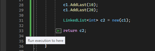 Screenshot that shows how to work with the Run to click action in the Visual Studio 2022 debugger.