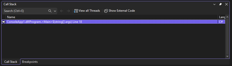 Screenshot taht shows the Call Stack window.