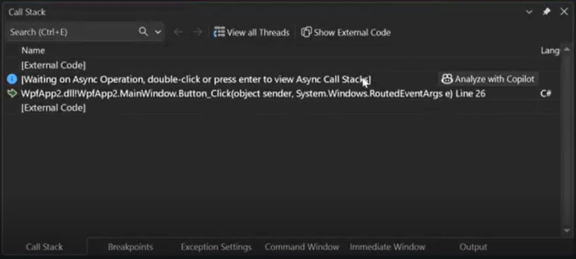 Screenshot showing analysis from the Call Stack Window.
