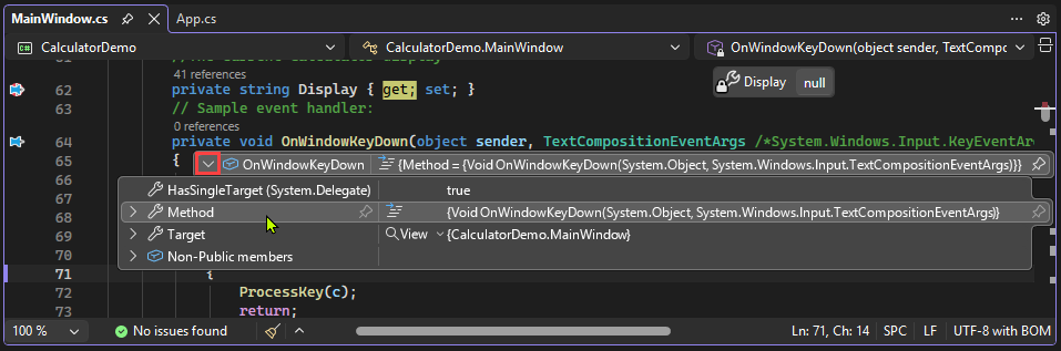 Screenshot that shows how to select the expand arrow for an object in a data tip in Visual Studio.