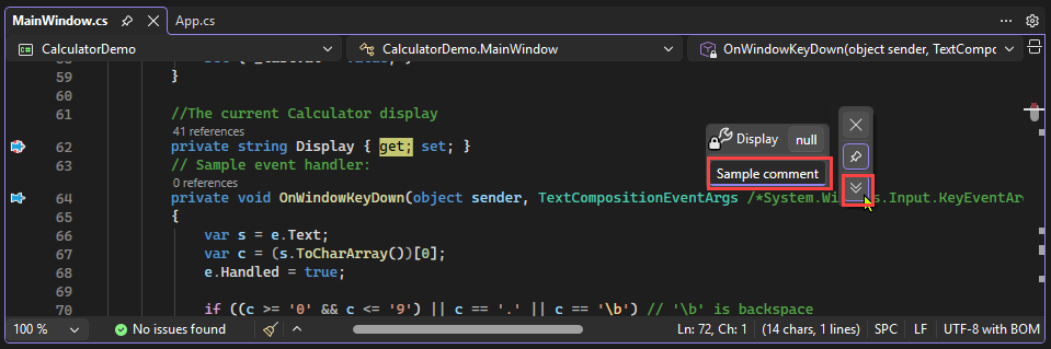 Screenshot that shows how to enter comments in a data tip in Visual Studio.