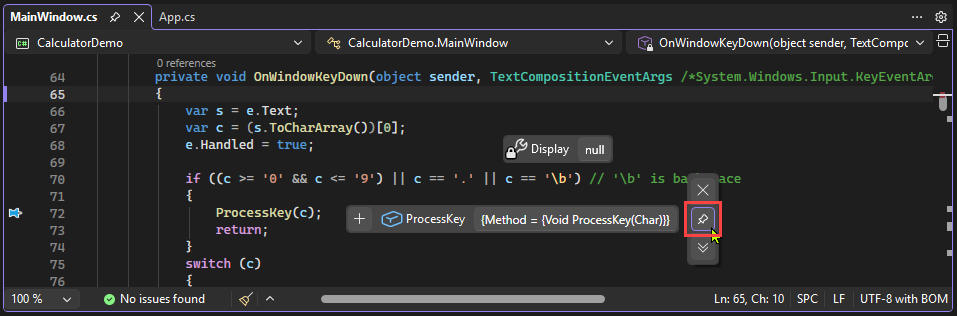 Screenshot that shows how to float a data tip anywhere in Visual Studio.