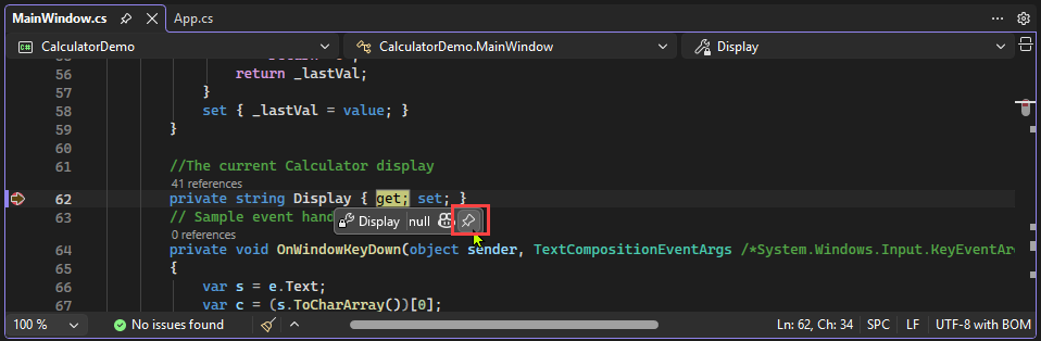 Screenshot that shows how to pin a data tip in Visual Studio.