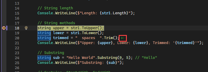 Screenshot of the Visual Studio Debugger showing the Run to Click button appearing just to the right of a call to a function.