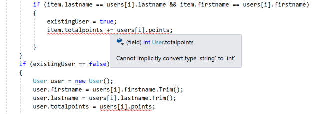 Screenshot showing the type conversion error.