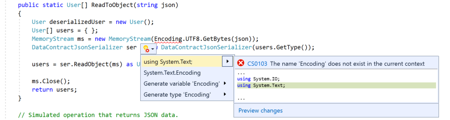 Screenshot showing how to use the light bulb to fix code.