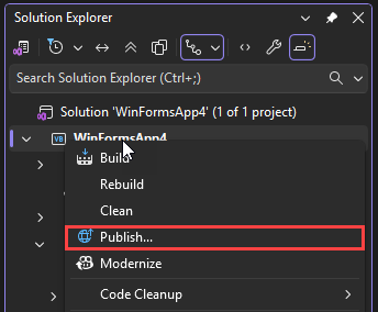 Screenshot that shows the Publish command on the project context menu in Solution Explorer.