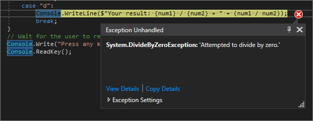 Screenshot of the Visual Studio Code editor showing a line highlighted in yellow and an Exception Unhandled error for 'Attempted to divide by zero'.