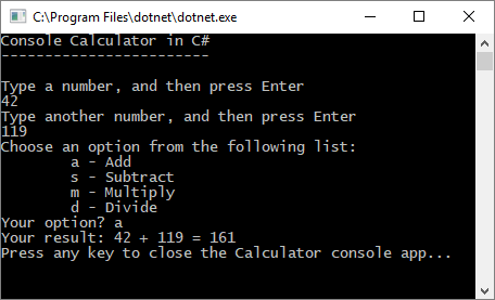 Screenshot that shows a Console window with the Calculator app with prompts.